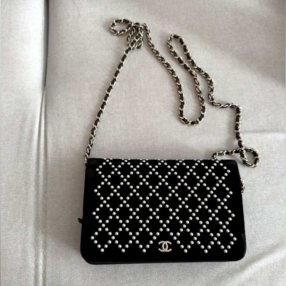 Chanel Pearl Diamond Embellished Wallet On Chain WOC Black